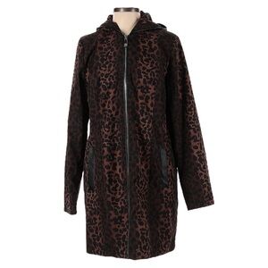 Dennis Basso Trench Coat S Brown Animal Print Longline Jacket Faux Leather Trim